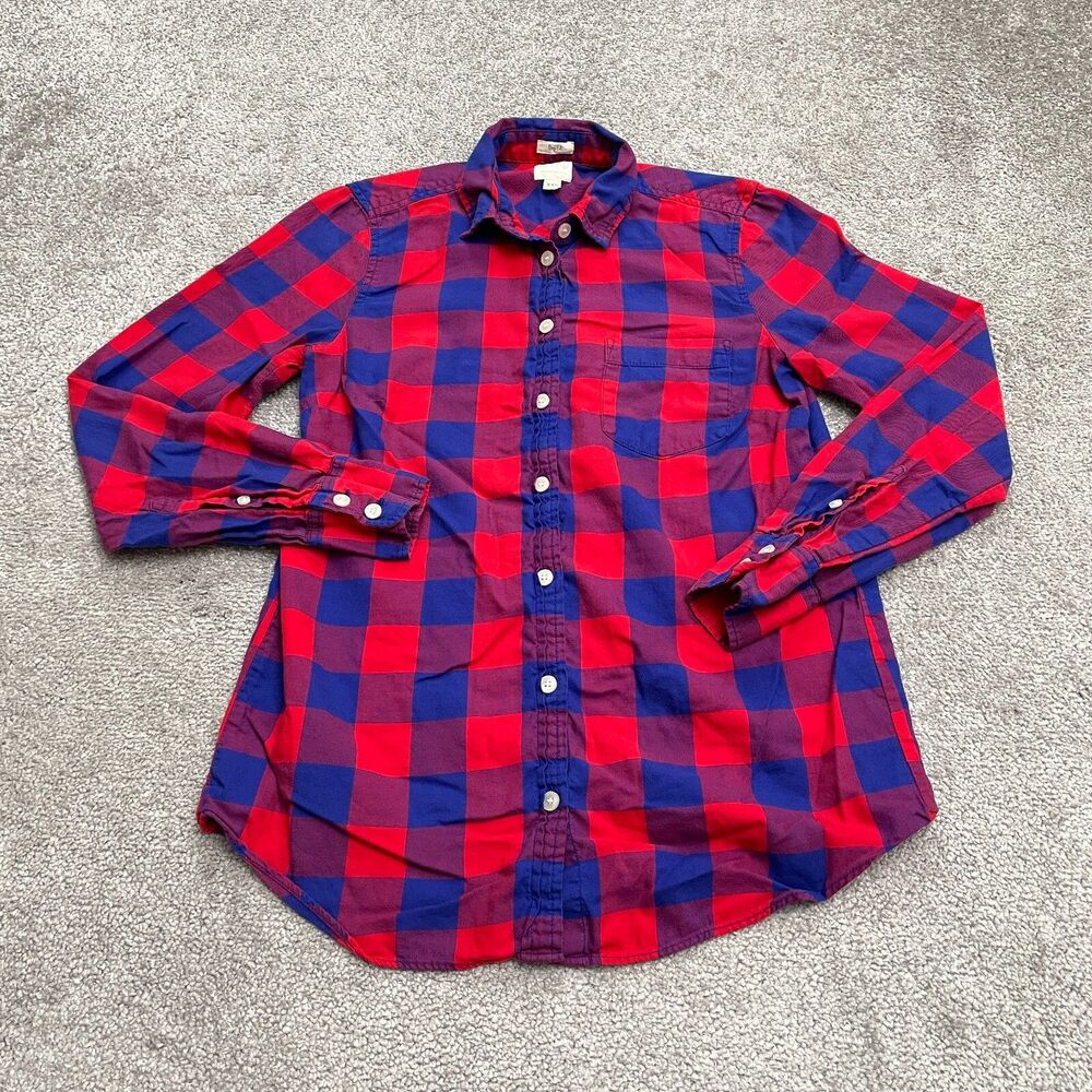 J. Crew Boy Fit Button Down Shirt Womens XXS Blue Red Plaid Long Sleeve Cotton